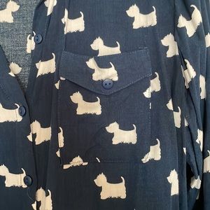 Love Notes blouse with Scottie Dog print in navy blue, size large